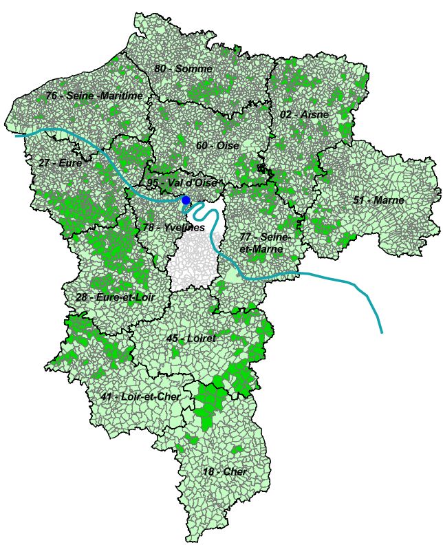 Carte du périmètre d'épandage des boues de Seine aval